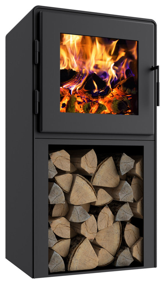 Nova Tower Wood Stove, Satin Black Finish, Satin Black Door, Room Blower Fan