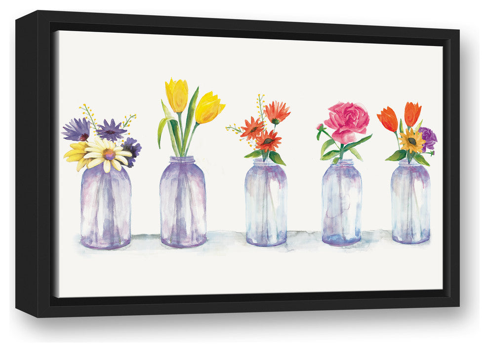Painted Flowers in Glass Jars Print 12x18 Black Floating Framed Canvas