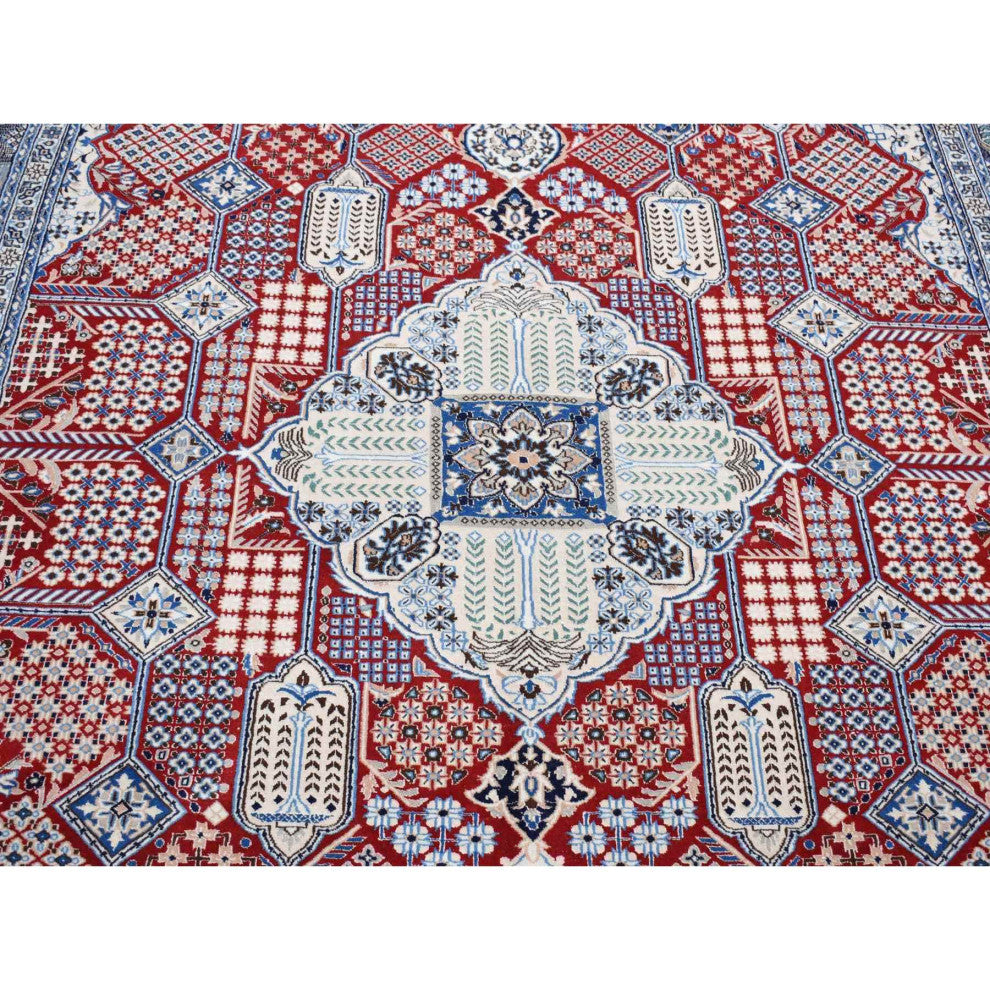 Red New Persian Nain Flower Rosettes Wool and Silk Hand Knotted Rug 7'3"x10'9"