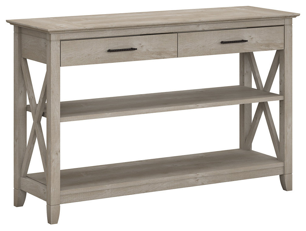 Key West Console Table With Drawers and Shelves, Washed Gray
