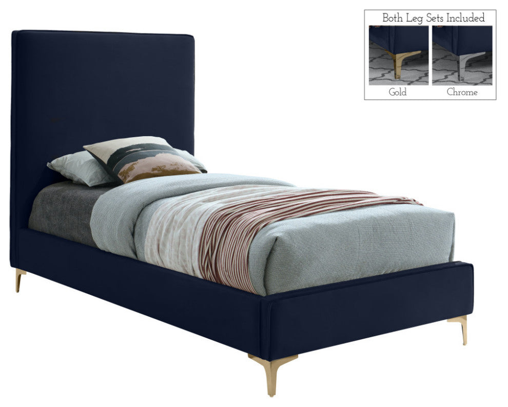 Geri Velvet Upholstered Bed, Navy, Twin