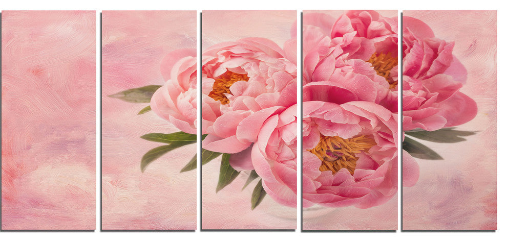 Peony Flowers in Vase on Pink, Floral Canvas Art Print, 60"x28", 5 Panels