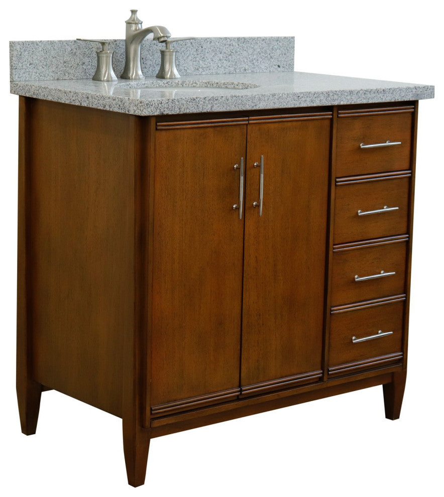 37" Single Vanity, Walnut Finish With Gray Granite