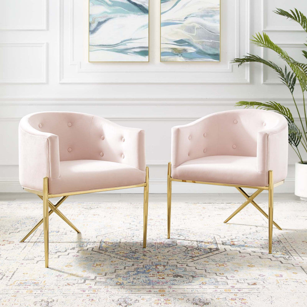 Side Dining Chair, Set of 2, Velvet, Metal, Pink, Modern, Cafe Bistro Restaurant