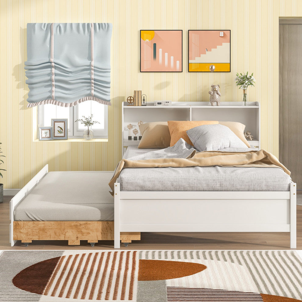 Full/Twin Wood Frame Platform Bed with Trundle and Drawers, White, Full