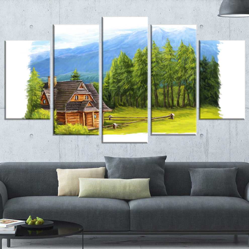 "Small Wooden Home in Mountains" Landscape Wall Art, 5 Panels, 60"x32"