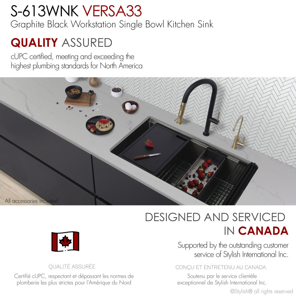 STYLISH 33 Undermount 33" Workstation 16G Single-Bowl Graphite Kitchen Sink