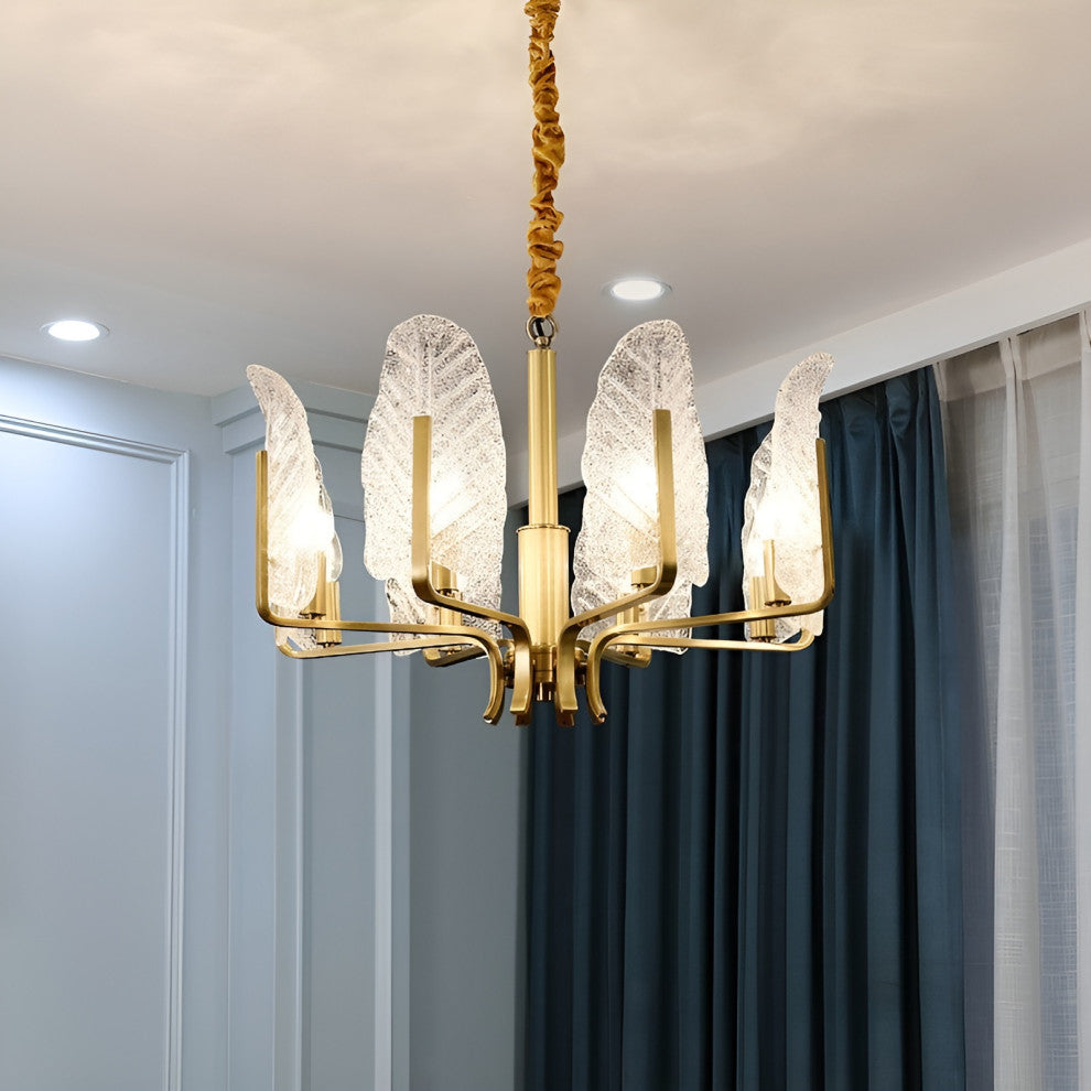 Lyss | Luxury Brass Chandelier with Leaves of Frosted Glass for Living Room, 8 Lights