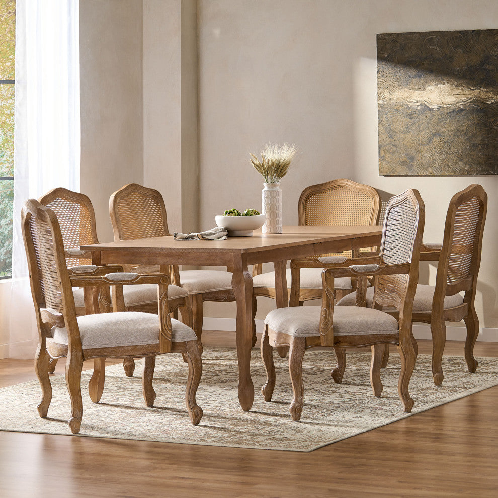 Bonview Fabric Upholstered Wood and Cane Expandable 7-Piece Dining Set, Natural Brown/Beige