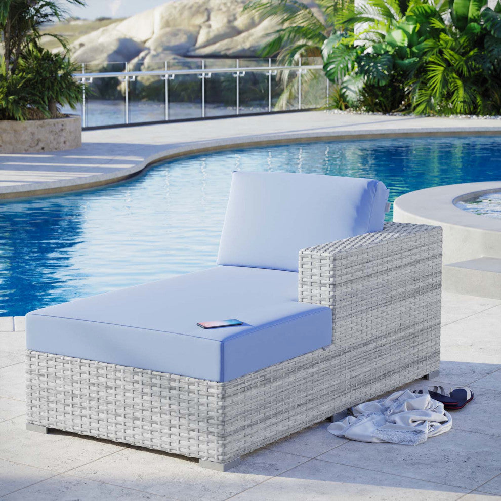 Lounge Chair Chaise, Rattan, Wicker, Gray Blue, Modern, Outdoor Patio Cafe
