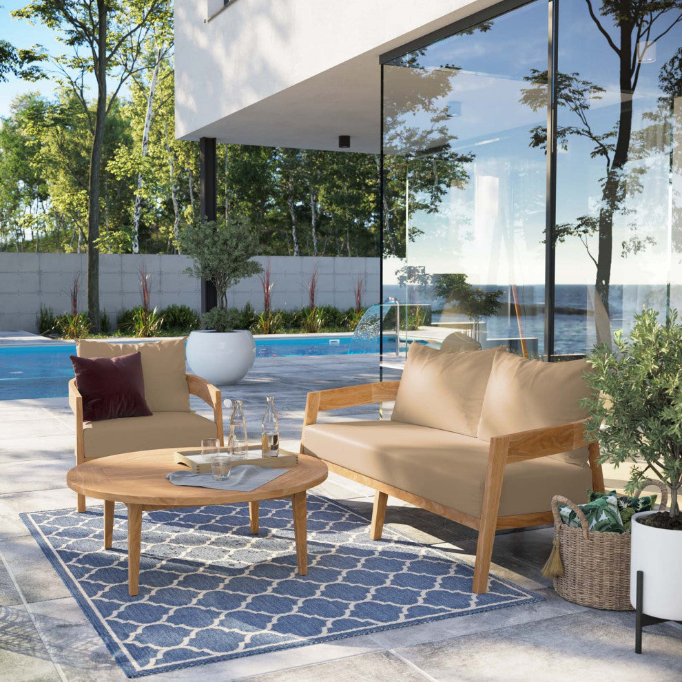 Sectional Sofa Chair Table Set, Brown Natural, Teak Wood, Modern, Outdoor Patio