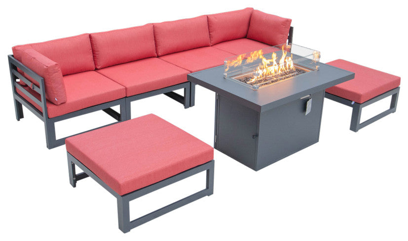 LeisureMod Chelsea 7-Piece Outdoor Sectional With Fire Pit Table, Red