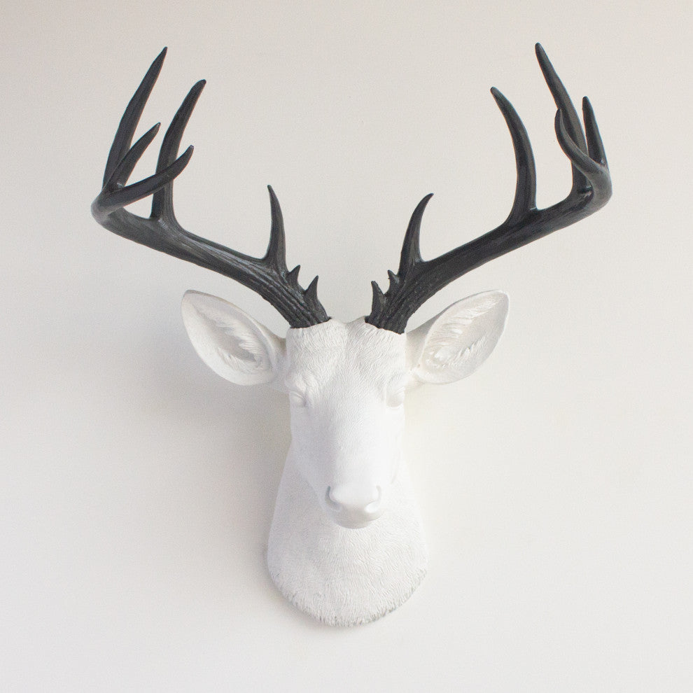 Faux Deer Head Wall Mount - 14 Point Stag Head Antlers, White and Gray