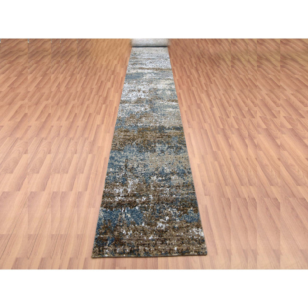 Ash Gray, Hand Knotted Abstract Design, Pure Wool XL Runner Rug, 2'6"x20'3"