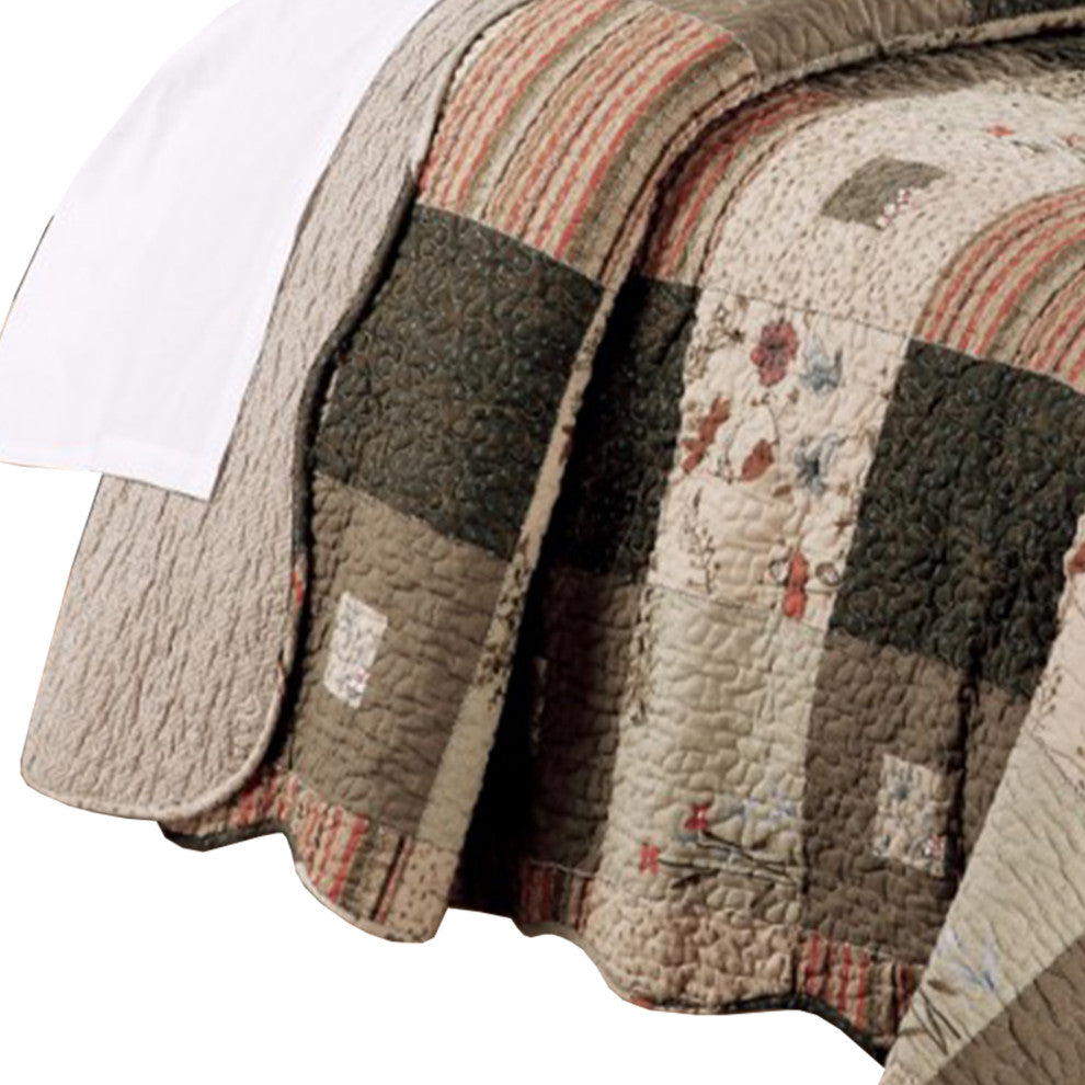 Benzara BM102056 4 Piece Twin Quilt Set, Floral Print/Scalloped Edges, Brown