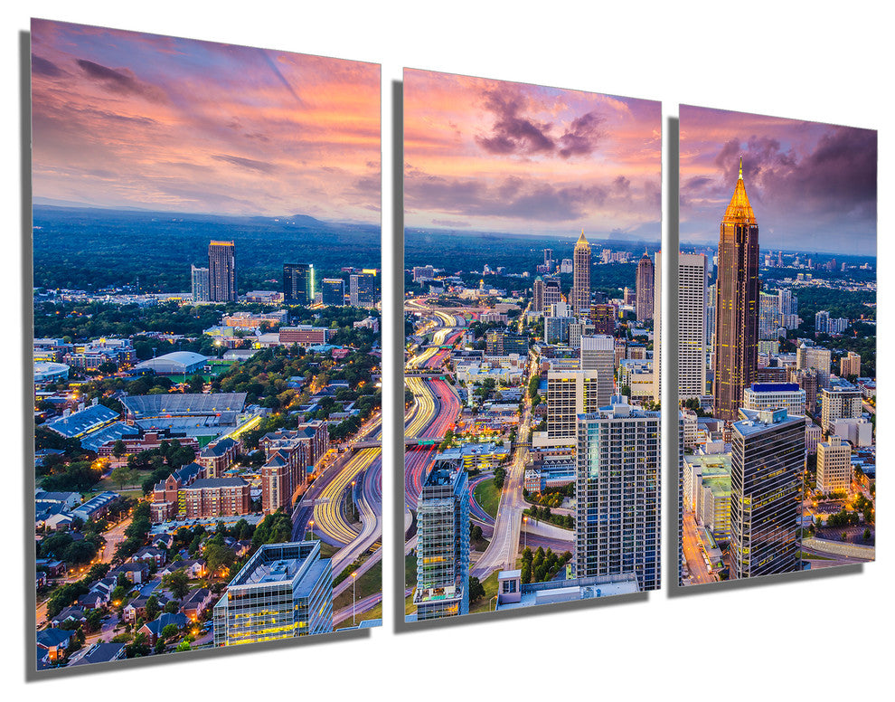 Atlanta, Georgia Skyline Metal Print Wall Art, 3 Panel Split, Triptych, 36x18
