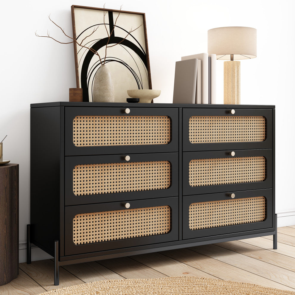 Gewnee Modern Cannage Rattan Wood Closet 6-Drawer Dresser Wood Storage Cabinet, Black