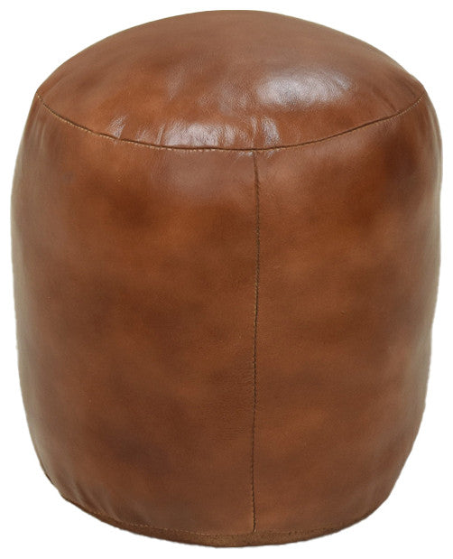 Pouf-Solid Handmade Leather Pouf (Recycled Foam with Fiber Fill), Light Brown, {Round]14x14x14