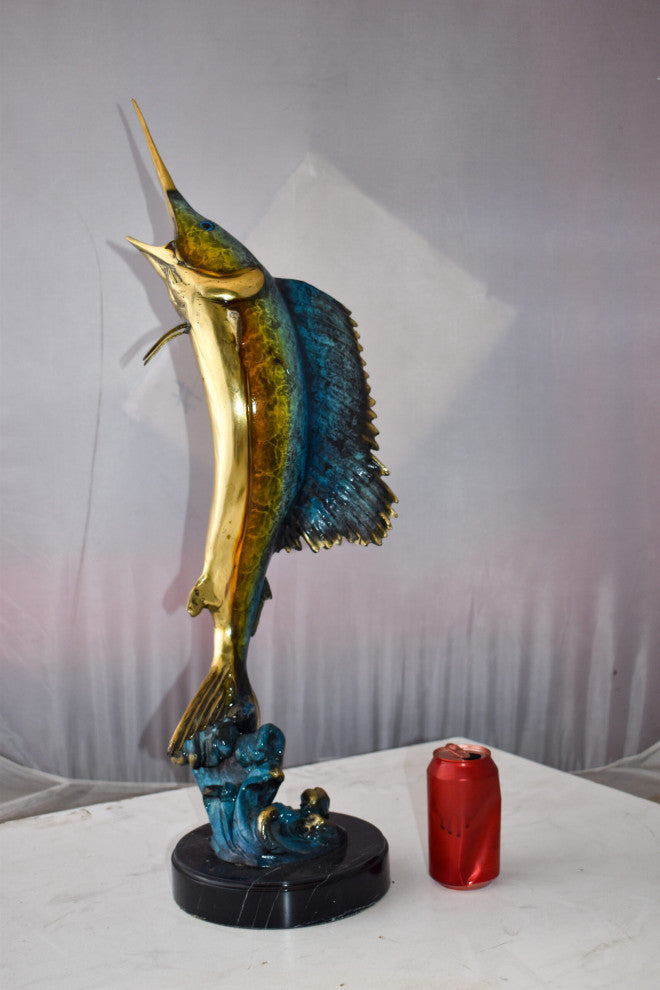 Upright Fierce Marlin Jumping Off the Water Bronze Statue  Size: 12" x 8" x 30