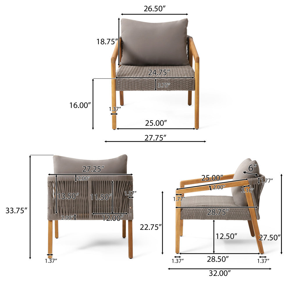 Breck Outdoor Acacia Wood and Wicker Club Chairs with Cushion, Set of 2