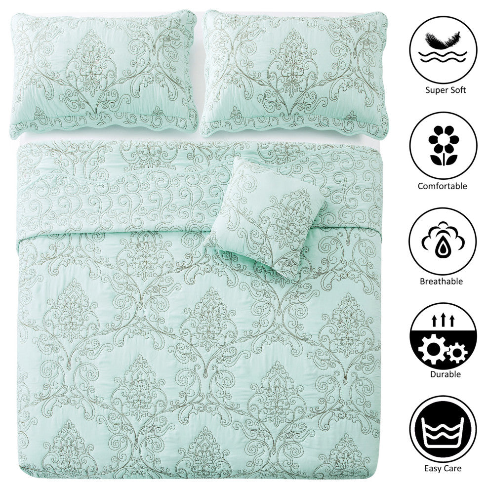 Damask Embroidered Quilted 4 Piece Bed Spread Sets, Light Blue, King