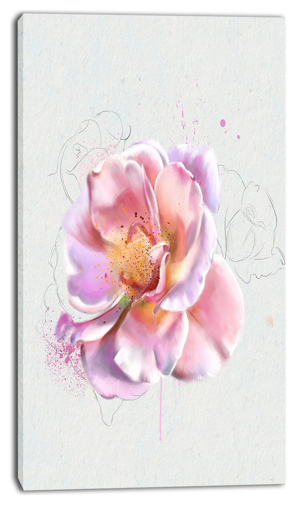 Cute Watercolor Pink Rose Sketch, Flowers Canvas Wall Artwork, 16"x32"
