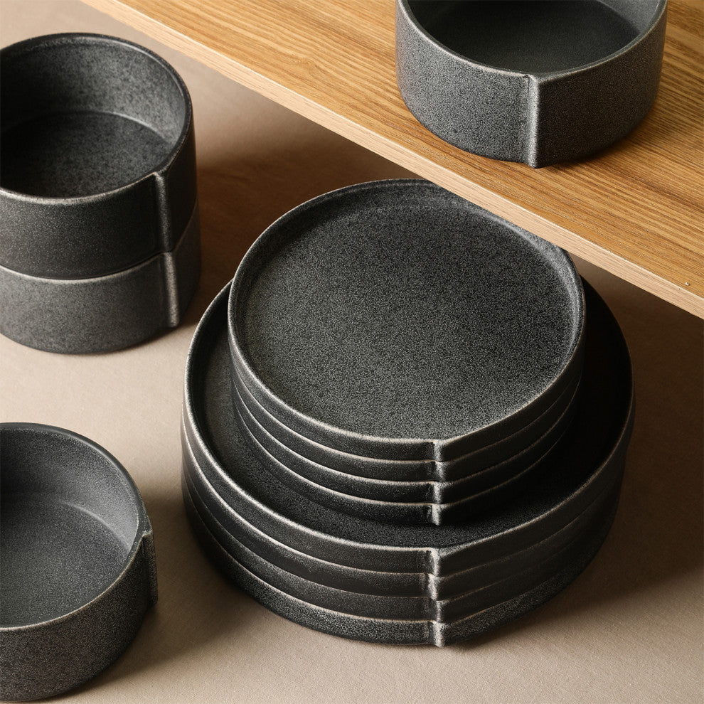 Stone Lain Bao Stoneware 12-Piece Dinnerware Set, Charcoal