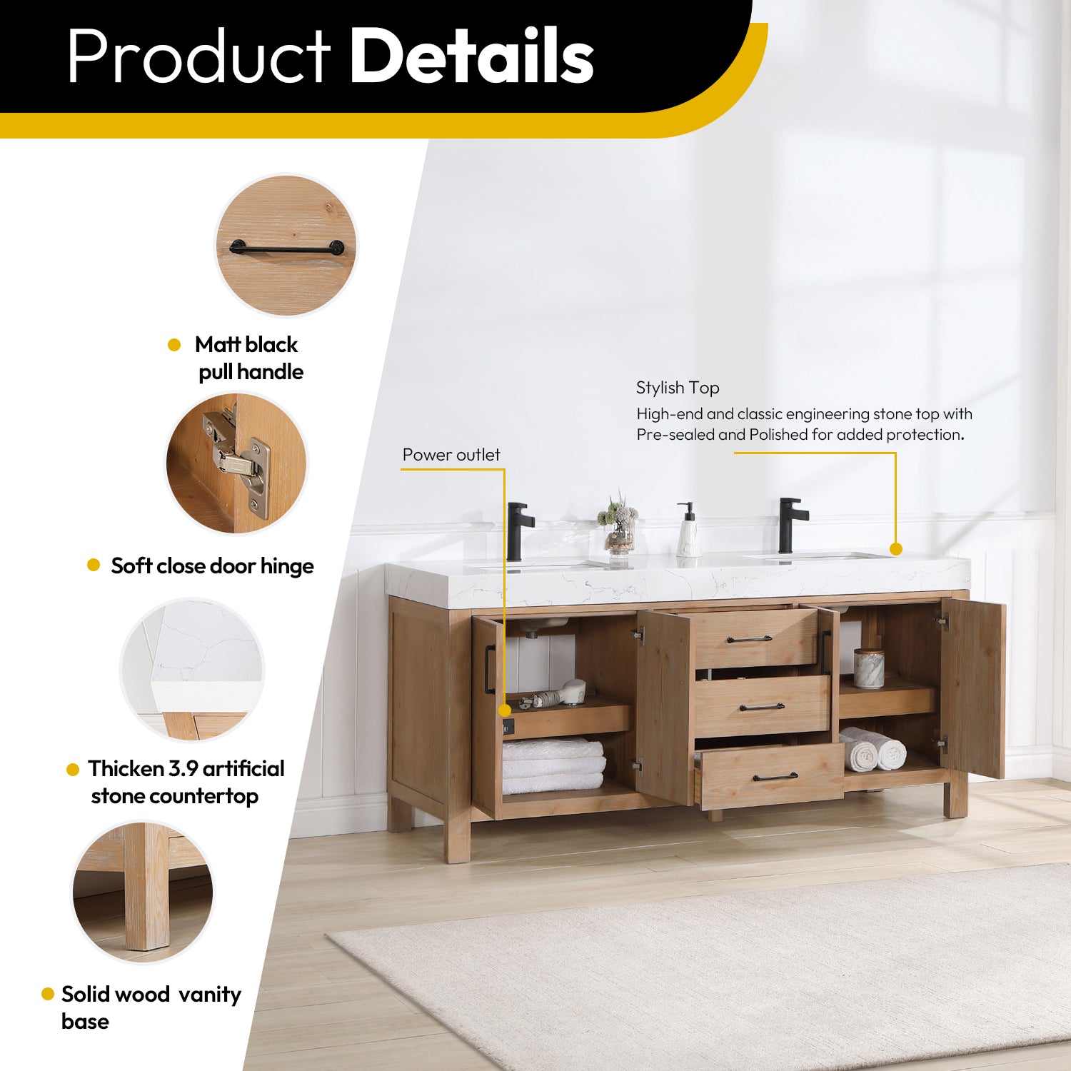 Leon Bath Vanity With Composite Stone Top, Fir Wood Brown, 72", No Mirror