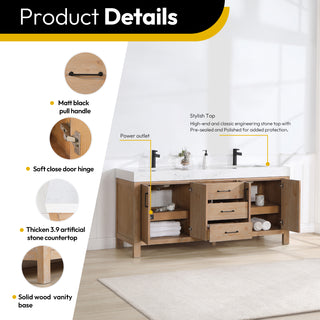 Leon Bath Vanity With Composite Stone Top, Fir Wood Brown, 72", No Mirror