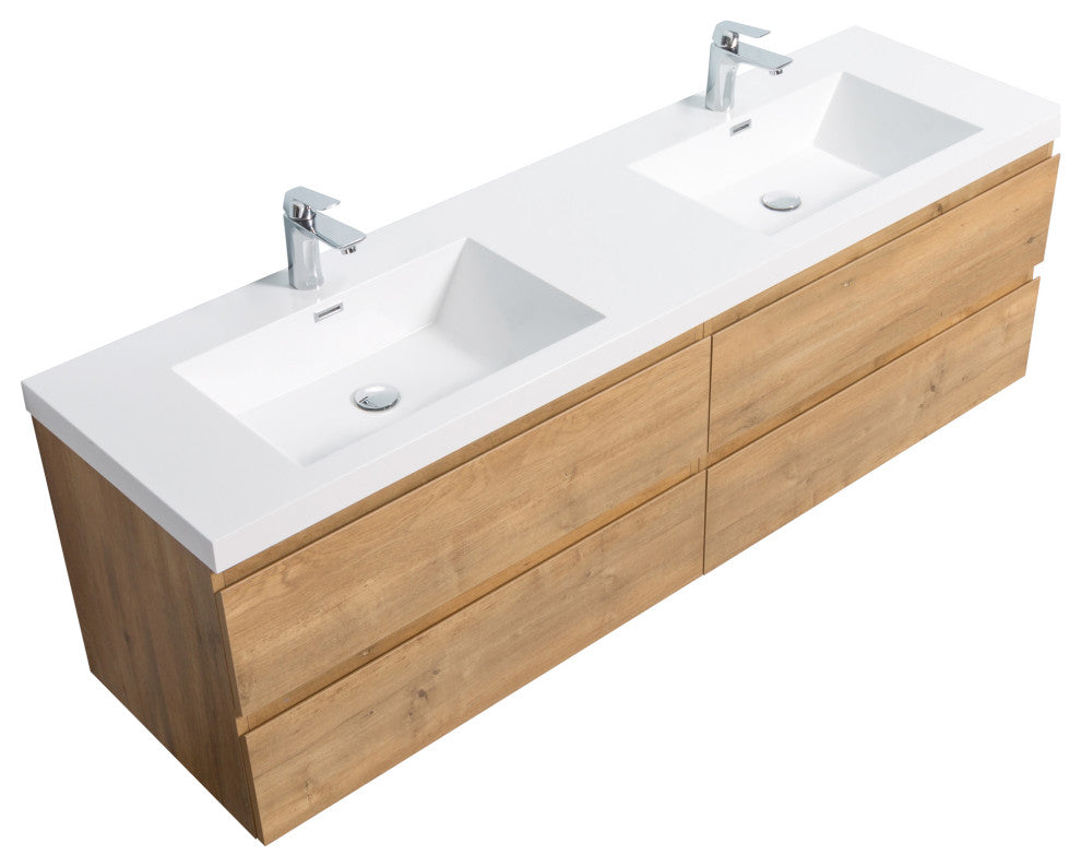 Alma-Pre 4 Drawers Wall Mount Vanity, Integrated White Sink, Natural Oak, 72"