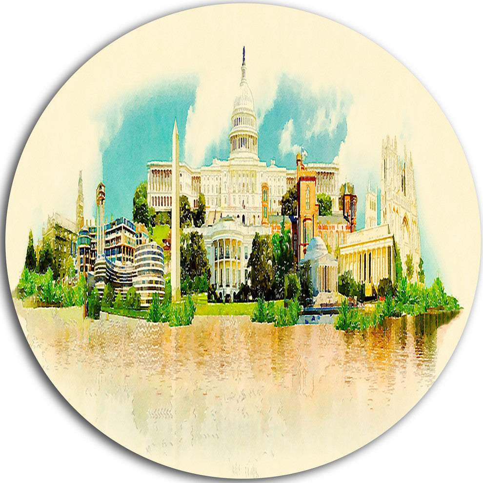 Washington Panoramic View, Cityscape Watercolor Disc Metal Artwork, 36"