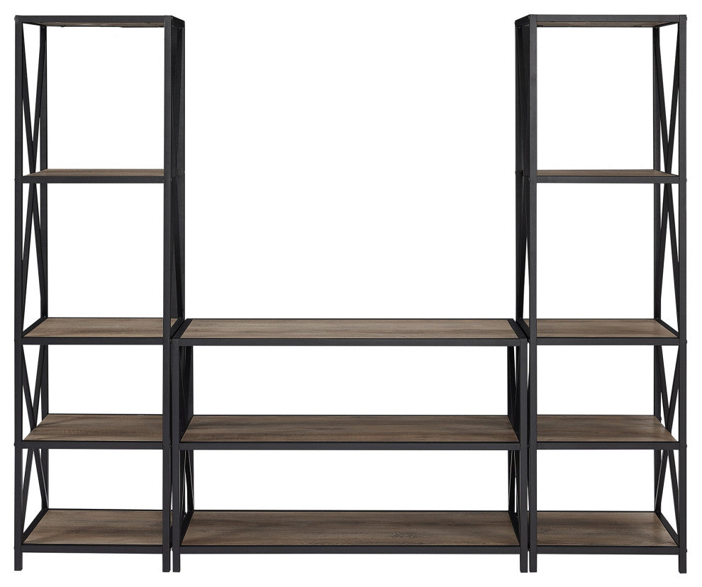 3-Piece Rustic Industrial Bookcase Set - Dark Walnut