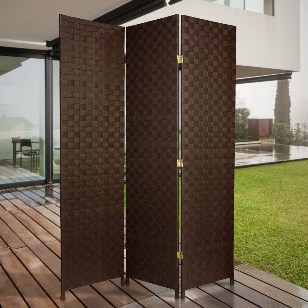 6' Tall Woven Fiber Outdoor All Weather Room Divider, 3 Panel, Dark Brown