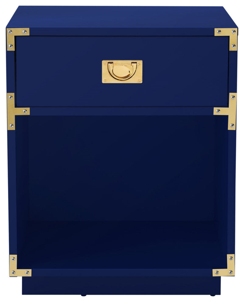 Leandro High Gloss Nightstand With Metal Corner Brackets, Dark Navy