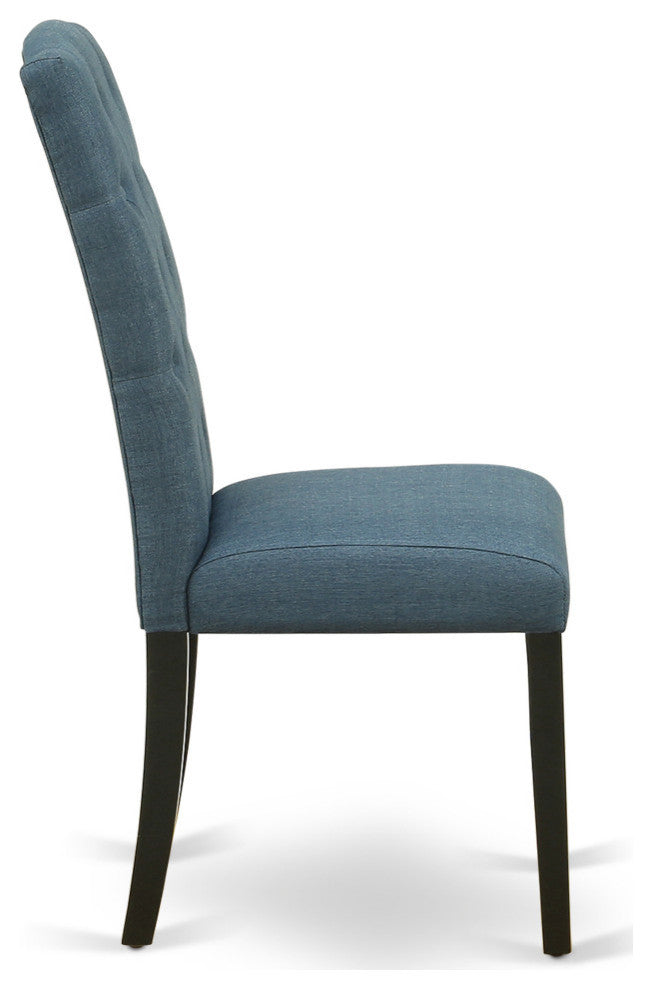 5Pc Dining Set, Round Room Table, Four Parson Chairs, Blue Fabric, Black Finish