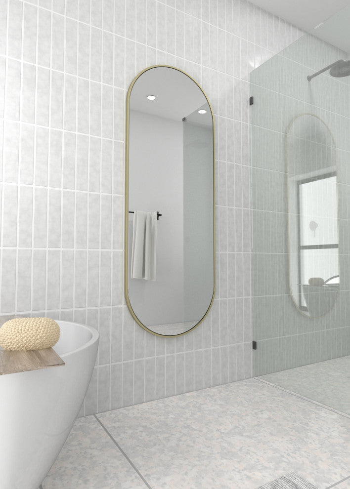 22" W X 60" H Pill Shape Stainless Steel Framed Mirror, Satin Brass