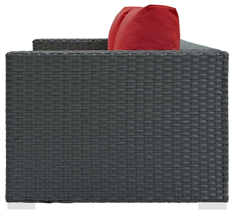Modern Outdoor Lounge Loveseat Sofa, Sunbrella Rattan Wicker, Red