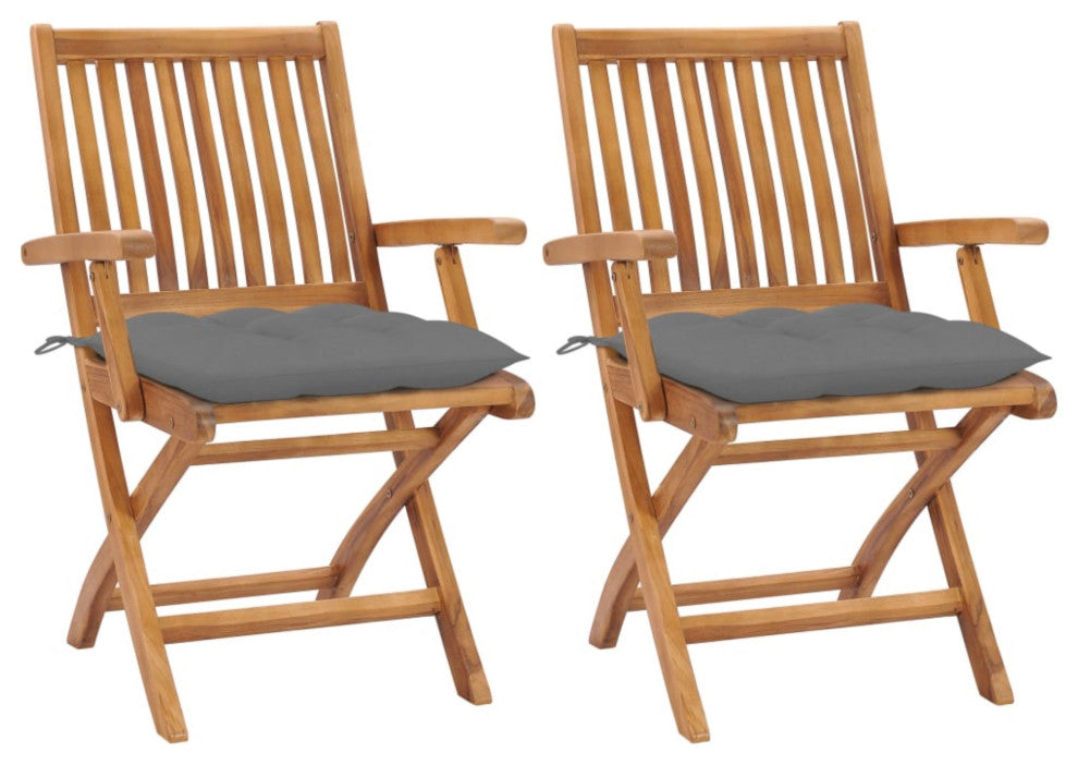 Vidaxl Garden Chairs, Set of 2, With Gray Cushions Solid Teak Wood