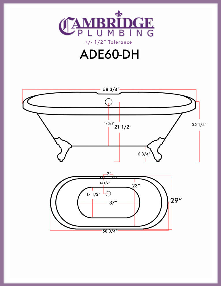 Acrylic Double Ended Clawfoot Bathtub 60" X 30" With 7" Faucet Drillings