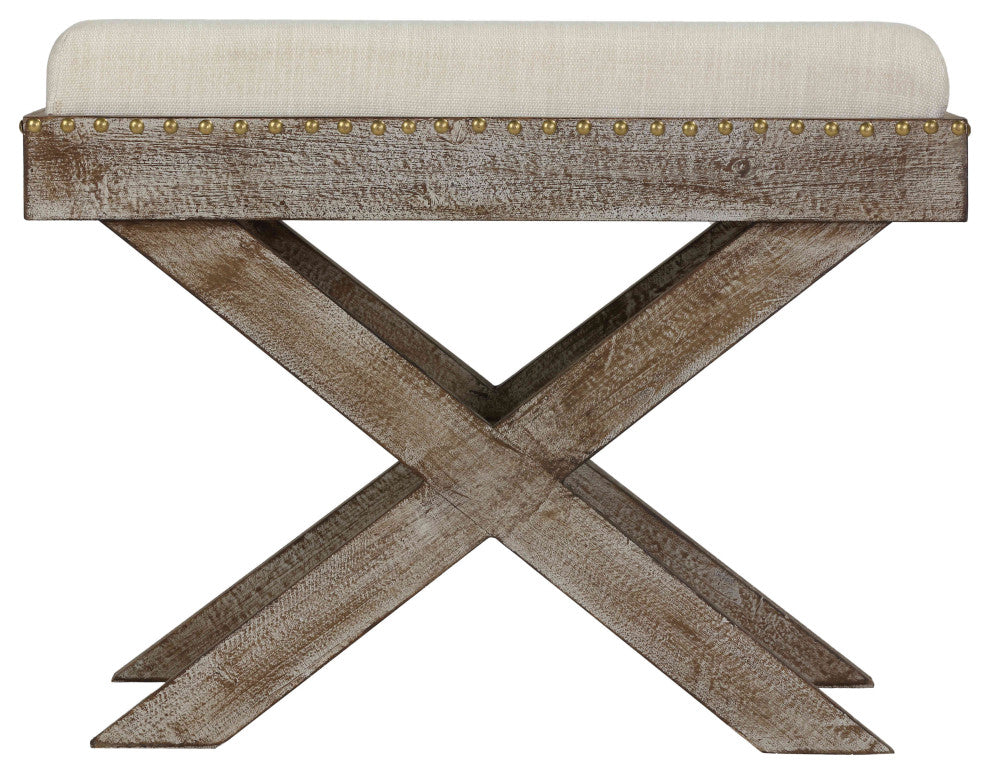 Cortesi Home Lupin Distressed Wood Tray Top Ottoman with Beige Fabric Top