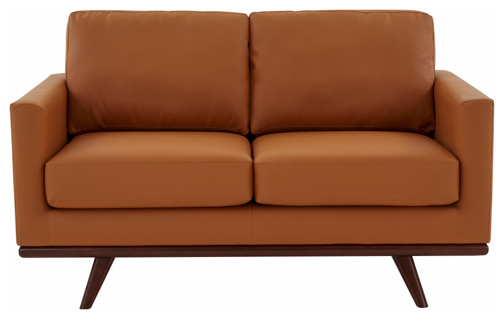 LeisureMod Chester Modern Leather Loveseat With Birch Wood Base, Cognac Tan