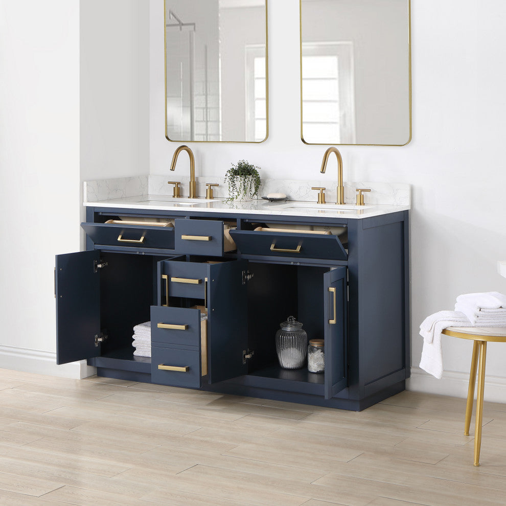 Gavino Vanity With Grain White Composite Stone Top, Royal Blue/Brushed Gold, 60", No Mirror