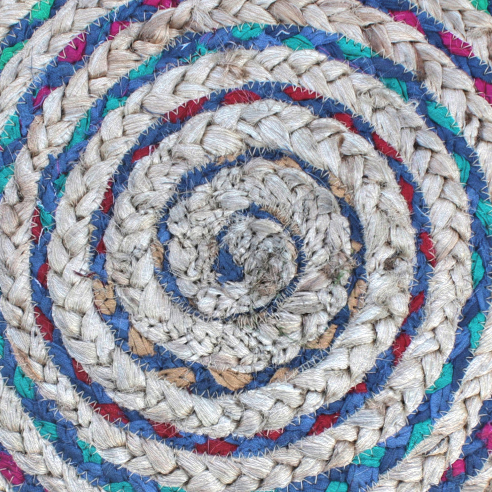 Margo Round Pouf, Braided Jute, Blue