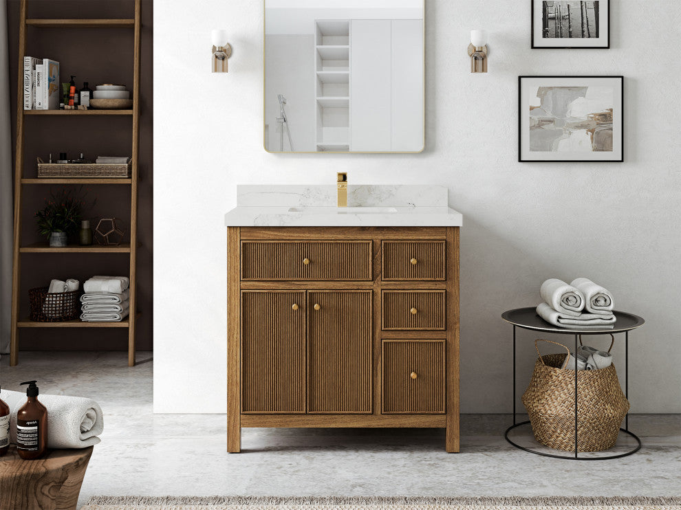 Sonoma Teak 36 Center Sink Bath Vanity in Dark Natural with 2" Calacatta Nuvo