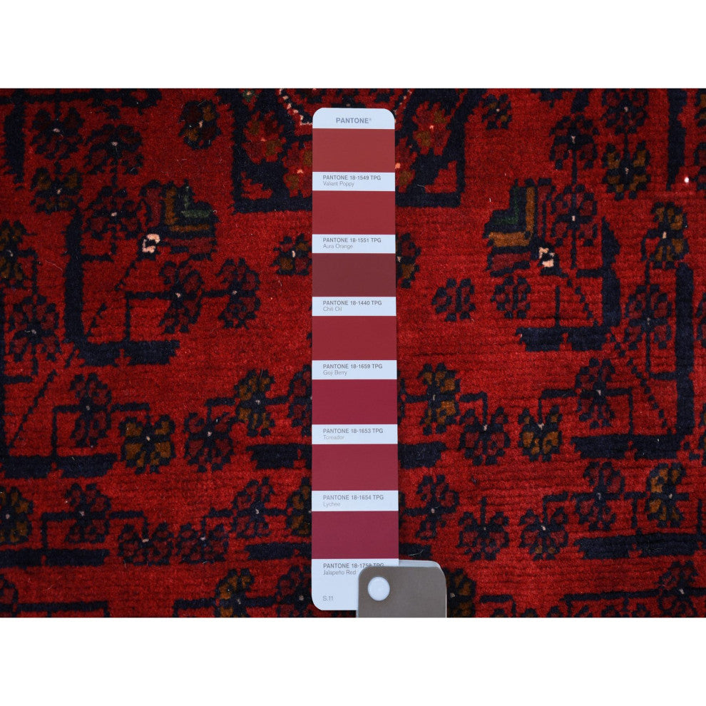 Deep and Saturated Red Velvety Wool Hand Knotted Afghan Khamyab Rug, 3'2"x4'8"