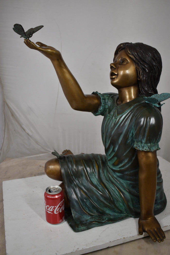 Girl With butterflies, green shirt Bronze Statue Size: 27" x 17" x 24"H