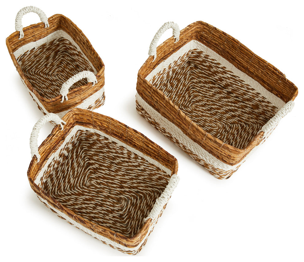 Set 3 Coastal Casual Natural Raffia Wide White Stripe Tote Baskets Handle Large
