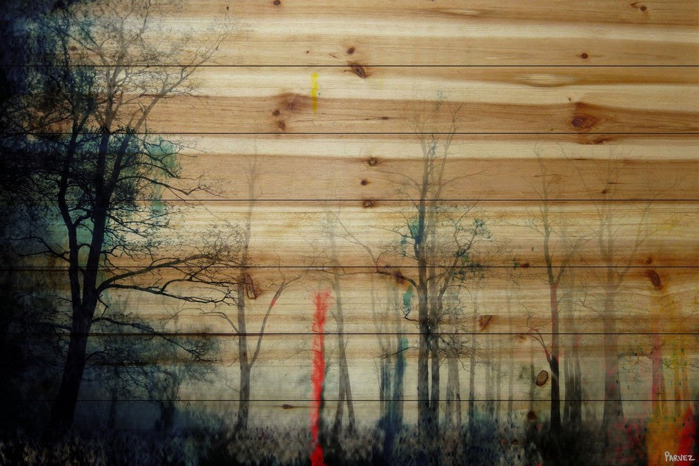 "Tall Tree Silhouette" Painting Print on Natural Pine Wood, 60"x40"