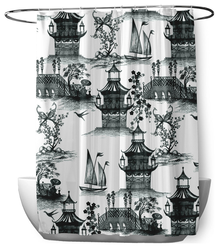 70"Wx73"L China Old Shower Curtain, Black