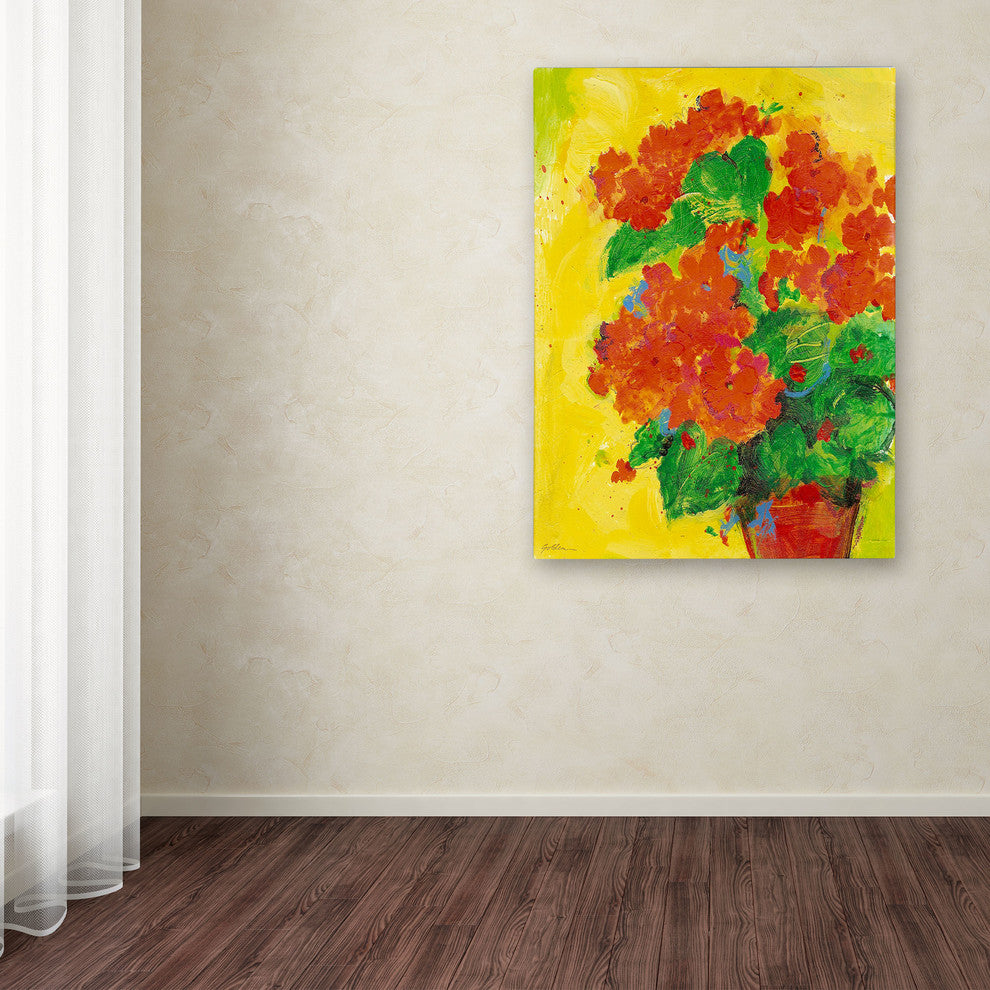 'Geraniums Against Yellow' Canvas Art by Sheila Golden
